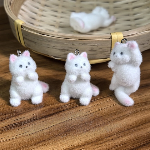 White Cat Flocked Resin Pendant Cute Animal Fuzzy Doll For DIY Jewelry Making Earrings Necklace Keychain Accessory