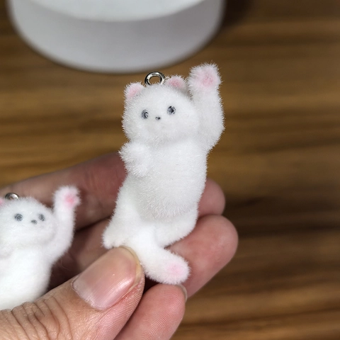 White Cat Flocked Resin Pendant Cute Animal Fuzzy Doll For DIY Jewelry Making Earrings Necklace Keychain Accessory