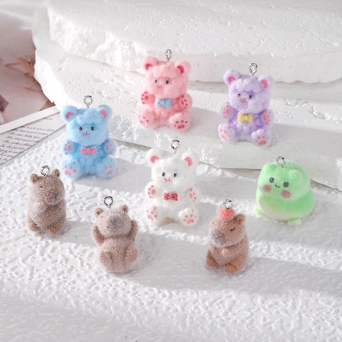 Flocked Resin Cartoon Bear Capybara Pendants DIY Animal Earring Keychain Jewelry Making Accessories For Women Girls