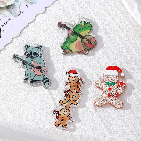 Acrylic Cartoon Animal Pendants For DIY Jewelry Frog Playing Banjo Raccoon Guitar Gingerbread Man Earring Keychain Charm Christmas Accessories