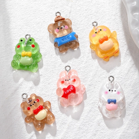 Cute Cartoon Resin Animal Charms Frog Bear Rabbit Chicken Pendants For DIY Earring Necklace Keychain Jewelry Making Accessories