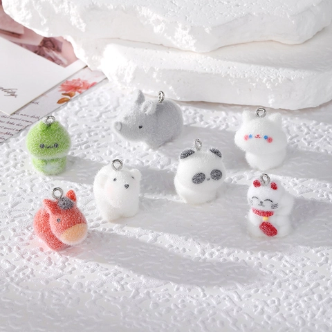 DIY Flocked Animal Pendants Resin Cat Panda Polar Bear Rhino Caterpillar Charms For Keychain Earrings Jewelry Making Accessory