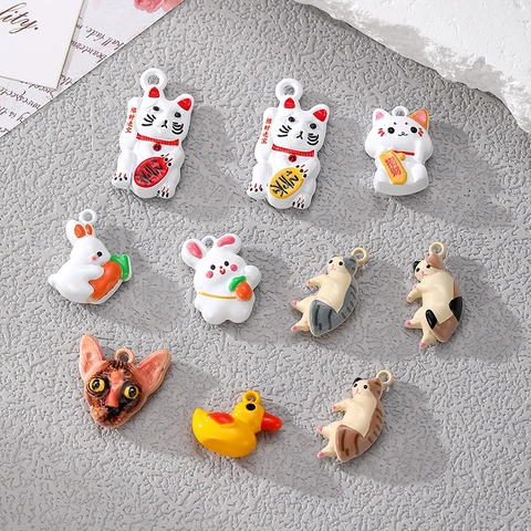 Cartoon Animal Alloy Pendant For Jewelry Making Lucky Cat Rabbit Duck Enamel Accessories For Earrings Necklaces Bracelets