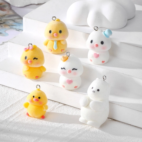 Resin Flocked Cartoon Animal Pendants Cute Yellow Duck Polar Bear DIY Jewelry Findings For Earring Necklace Keychain Making