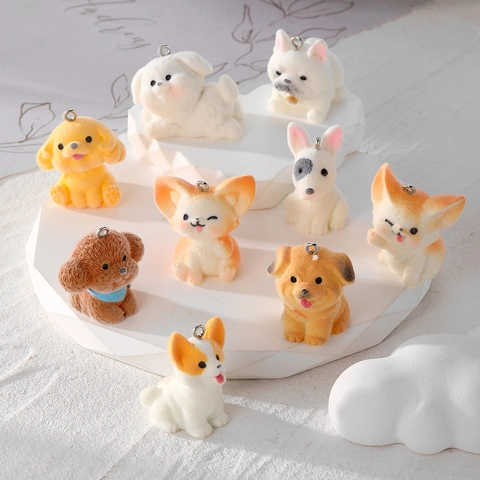 Cute Flocked Dog Fox Animal Pendant For DIY Earring Necklace Keychain Making Furry Resin Pet Hanging Jewelry Accessory