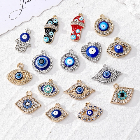 Ciondolo Malocchio in Lega di Strass Accessori per Gioielli Fai da Te Tondo Cuore Mano di Fatima Ciabatta Occhio Blu Collana Orecchini