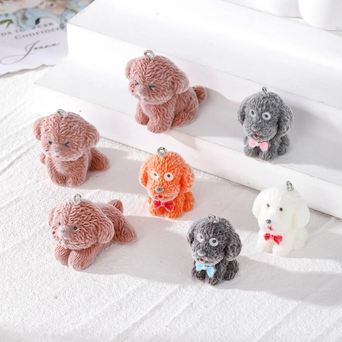 Beflockte Harz Welpe Hund Anhänger Mit Schleife DIY Tier Schmuck Zubehör Für Ohrringe Halskette Schlüsselanhänger Cartoon Teddy Hund