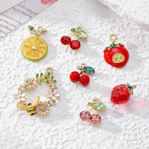 Shiny Rhinestone Fruit Pendant For DIY Jewelry Making Sweet Bee Wreath Cherry Strawberry Lemon Charms For Earrings Necklace Accessories