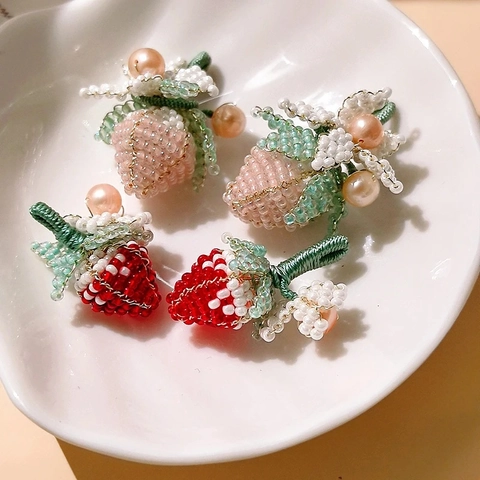 Handmade Beaded Strawberry Fruit Pendant DIY Artificial Pearl Charms For Earrings Keychains Jewelry Making Accessories Red Pink