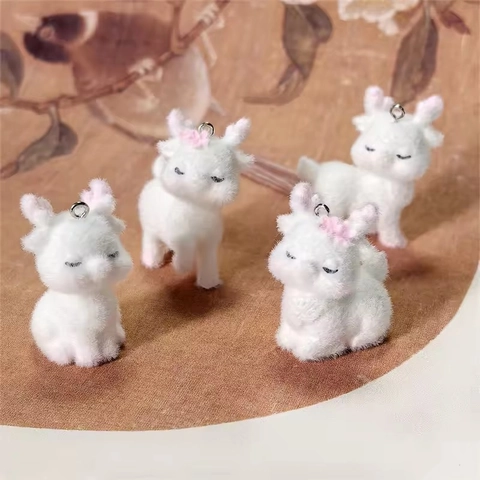 Cute Flocked Resin Deer Animal Pendant DIY 3D Plush Charms For Earring Keychain Making Jewelry Accessories Decor Gift