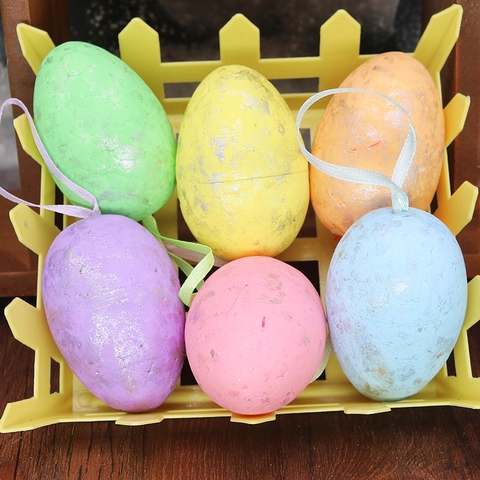 Uova di Pasqua Colorate Ornamenti Appesi Con Trama in Foglia d'Oro Mottled Nastri e Cesto per Decorazioni Casa e Feste