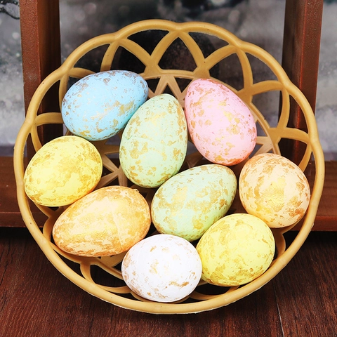 Colorful Gilded Foam Easter Eggs Set With Basket Mini Speckled Artificial Eggs For Home Party Table Decor Holiday Gift Ornament
