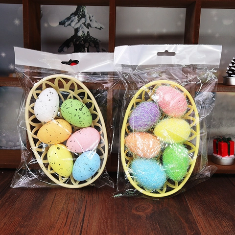 6Pcs Colorful Speckled Easter Eggs Set With Basket Foam Artificial Eggs For Easter Party Home Desktop Decoration Multi Color