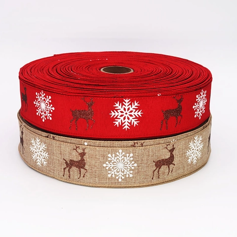 Weihnachtsband Mit Rentier Schneeflocken Druck Leinenimitat Für Geschenke Weihnachtsbaum Dekoration DIY Schleifen