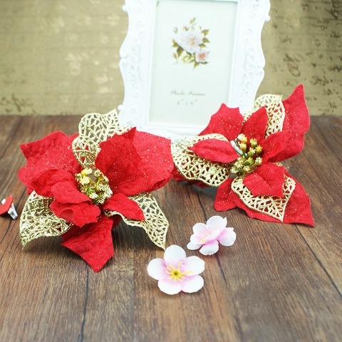 Künstliche Samt Weihnachtsstern Weihnachtsblume Glitzer Rot Gold Blütenblätter Weihnachtsbaum Deko Festlich Party Schmuck