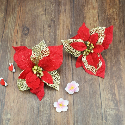 Künstliche Samt Weihnachtsstern Weihnachtsblume Glitzer Rot Gold Blütenblätter Weihnachtsbaum Deko Festlich Party Schmuck