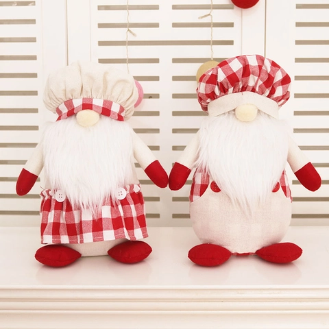 Handmade Christmas Chef Gnome Plush Decoration Red Plaid Faceless Santa Claus Doll Holiday Home Kitchen Table Ornament Gift