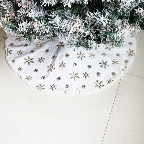 White Faux Fur Christmas Tree Skirt With Silver Gold Sequin Snowflake Plush Tree Mat For Holiday Home Decor New Year Party Ornament