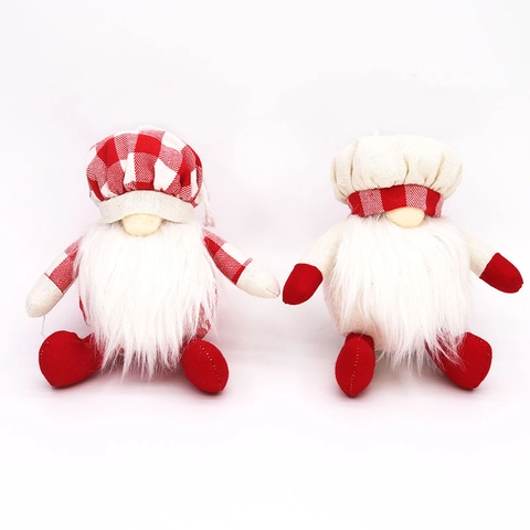 Christmas Gnome Plush Chef Faceless Doll Ornaments Red White Plaid Hat Long Beard Table Decorations For Xmas Party Home Decor