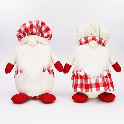 Handgemaakte Noordse Kerst Kabouter Pluche Speelgoed Rood Wit Ruit Hoed Schort Gezichtsloze Pop Decoratie Voor Huis Feest Kerstcadeau
