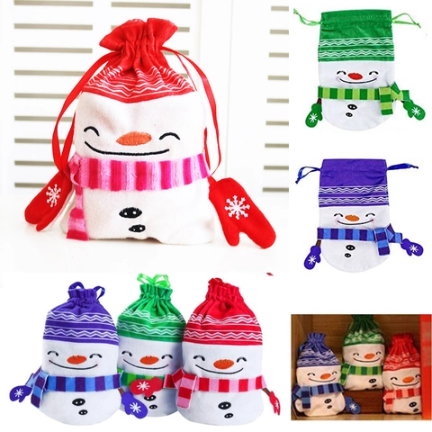 Sac Cadeau Bonhomme de Neige de Noël à Cordon en Tissu Peluche Sac à Bonbons Avec Broderie Pour Décoration de Fête