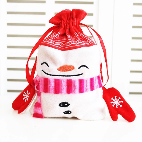 Sac Cadeau Bonhomme de Neige de Noël à Cordon en Tissu Peluche Sac à Bonbons Avec Broderie Pour Décoration de Fête