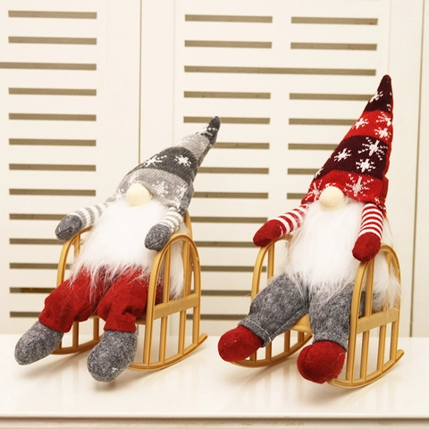 Nordic Christmas Gnome Faceless Doll With Rocking Chair Knitted Hat Snowflake Pattern Red Grey Plush Toy Xmas Table Ornament Gift