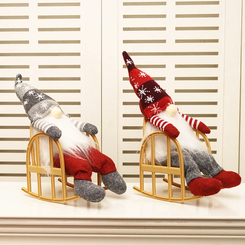 Nordic Christmas Gnome Faceless Doll With Rocking Chair Knitted Hat Snowflake Pattern Red Grey Plush Toy Xmas Table Ornament Gift