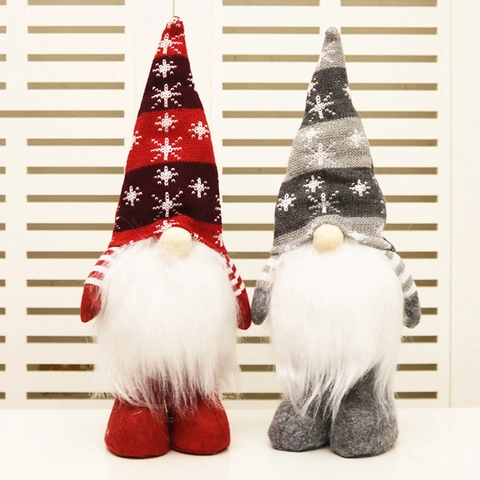 Bambola di Peluche Gnomo di Natale Senza Volto in Maglia Nordica Motivo Fiocco di Neve Svedese Tomte Ornamento da Tavolo Rosso Grigio