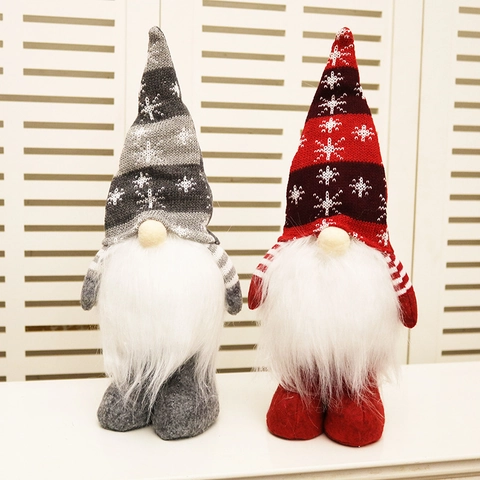 Bambola di Peluche Gnomo di Natale Senza Volto in Maglia Nordica Motivo Fiocco di Neve Svedese Tomte Ornamento da Tavolo Rosso Grigio