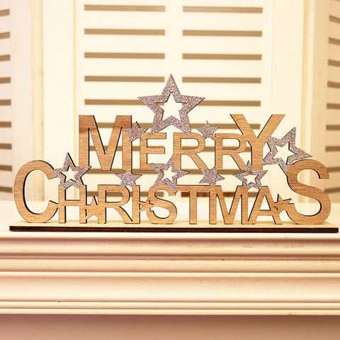 Ornement de Table Joyeux Noël en Bois Avec Étoiles Pailletées Argent Décoration Festive pour Maison Fête Cadeau