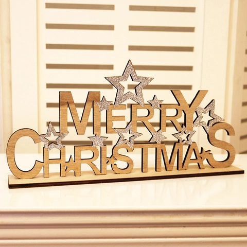 Ornement de Table Joyeux Noël en Bois Avec Étoiles Pailletées Argent Décoration Festive pour Maison Fête Cadeau