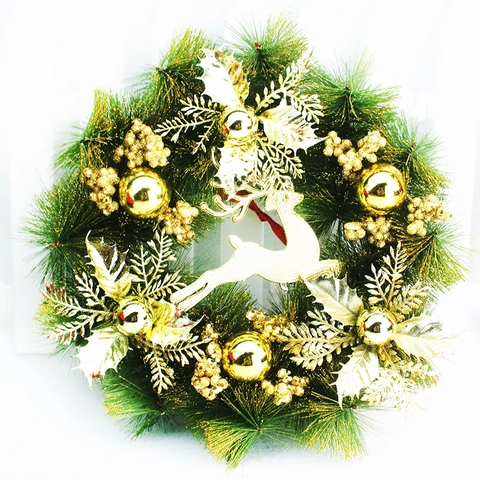 Corona De Navidad Artificial Con Reno Dorado Agujas De Pino Bayas Brillantes Bolas Ornamentos Para Decoración De Puerta Hogar