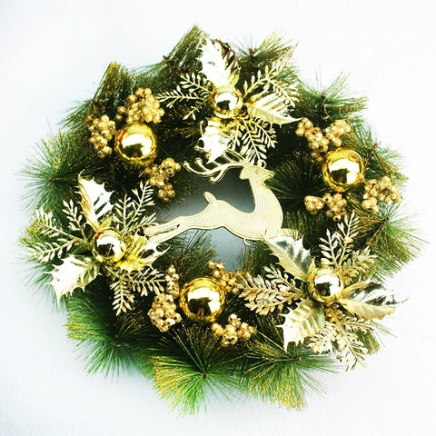 Corona De Navidad Artificial Con Reno Dorado Agujas De Pino Bayas Brillantes Bolas Ornamentos Para Decoración De Puerta Hogar