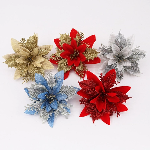 13cm Künstliche Weihnachtsblumen Poinsettia Glitzer PVC Material Für Weihnachtsbaum Ornamente DIY Handwerk Home Party Dekor