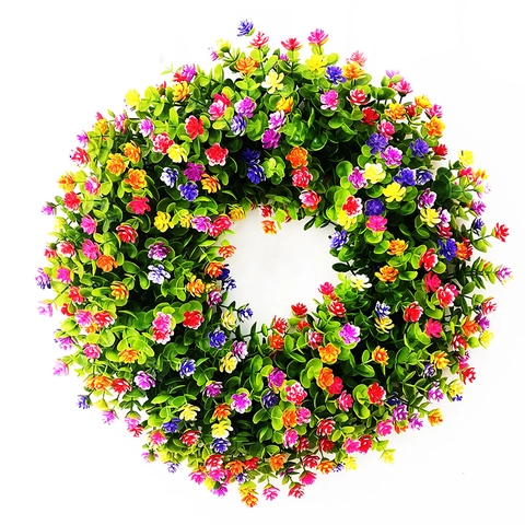 Künstlicher Frühlingskranz Mehrfarbige Blüten Eukalyptus Grüne Blätter Blumenkranz Für Haustür Wand Heimdekoration