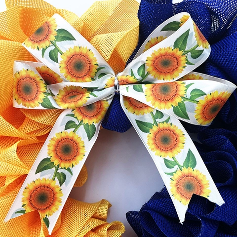 Ghirlanda a Forma di Cuore in Rete Con Fiocco Girasole Giallo Blu Bicolore Decorazione da Porta per Casa Festa Giardino