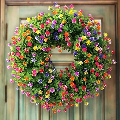 Künstlicher Frühlingskranz Mehrfarbige Blüten Eukalyptus Grüne Blätter Blumenkranz Für Haustür Wand Heimdekoration