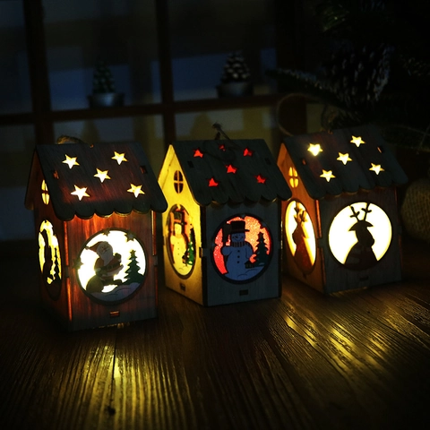 LED Licht Weihnachten Holzhaus Hängeornament Weihnachtsmann Schneemann Rentier Laserschnitt Holz Stern Dekoratives Nachtlicht