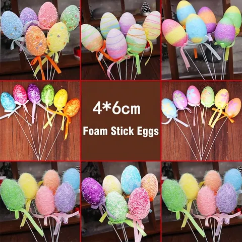 Multi-Colored Foam Easter Egg Picks With Glitter Sequins Patterns Satin Ribbon Bow For Easter Party Home Garden Decoration