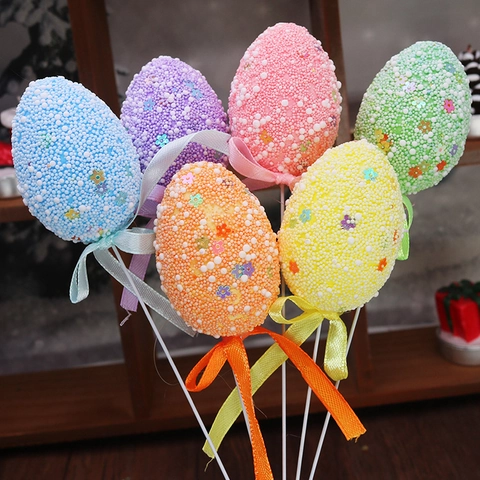 Multi-Colored Foam Easter Egg Picks With Glitter Sequins Patterns Satin Ribbon Bow For Easter Party Home Garden Decoration