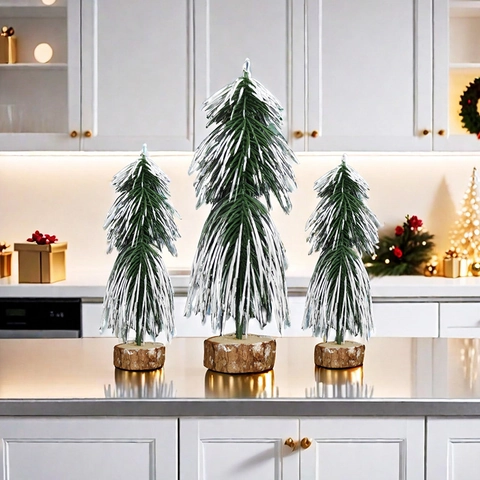 Mini Árbol de Navidad Artificial Flocado Nieve PVC Decoración de Mesa Adorno de Vacaciones de Invierno para Hogar Oficina