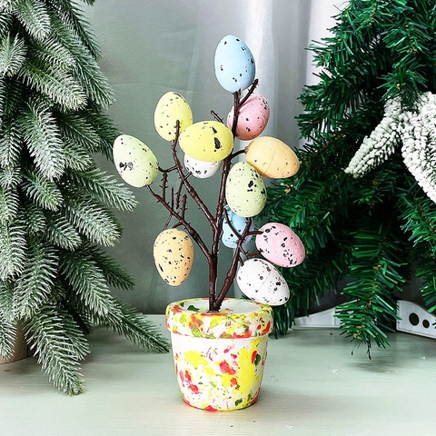 Décoration Arbre de Pâques avec Œufs Colorés Tachetés Branche Artificielle Pot Éclaboussé Ornement de Table Maison