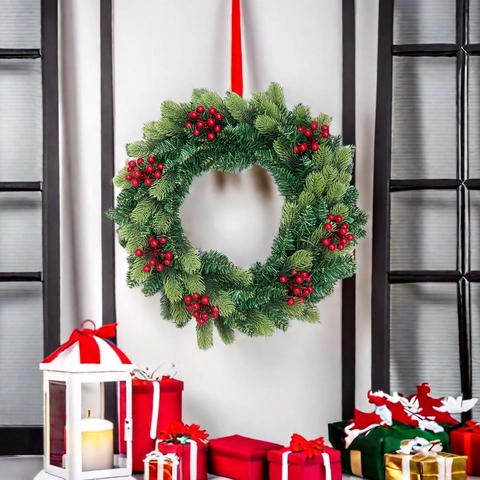 Künstlicher Weihnachtskranz Mit Roten Beeren Und Grünen Tannenzweigen PVC Hängedekoration Für Haustür Party Wanddeko
