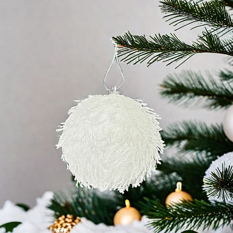 Weiße Schaumstoff Weihnachtskugel Ornament Mit Künstlichen Federn Glitzer Weihnachtsbaum Hänger Anhänger Für Feiertagsdeko