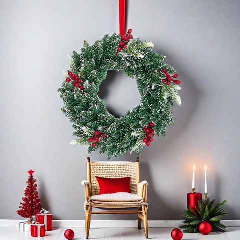 Künstlicher Piniennadel Weihnachtskranz Mit Roten Beeren Und Beflocktem Schneeeffekt Runder Grüner Weihnachtskranz Türdekoration