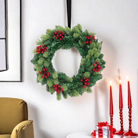 Künstlicher Weihnachtskranz Mit Roten Beeren Und Grünen Tannenzweigen PVC Hängedekoration Für Haustür Party Wanddeko
