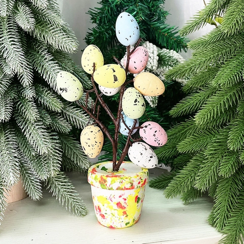 Décoration Arbre de Pâques avec Œufs Colorés Tachetés Branche Artificielle Pot Éclaboussé Ornement de Table Maison