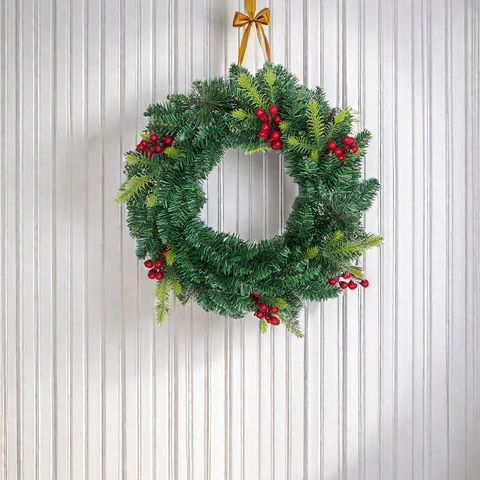 Ghirlanda di Natale Artificiale Aghi di Pino Verdi Con Bacche Rosse PVC Decorazione da Appendere per Casa Festa Natalizia