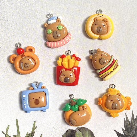 Cute Capybara Resin Pendants DIY Cartoon Animal Burger Fries Food Charms For Earrings Keychain Jewelry Making Findings